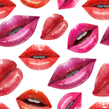 Seamless Pattern Of Red Sexy Lips. Vector Lipstick Or Lip Gloss 3d Realistic Design. Fashion Illustration