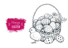Happy Easter Vector Illustration. Basket Of Easter Eggs And Chick Hand Drawn. Engraved Style Image.