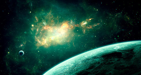 space scene. green nebula with two planet. elements furnished by nasa. 3d rendering