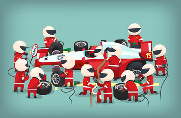 Wall Mural - Poster with pit stop workers staying near the racing car, changing tires, refueling and changing oil in the bolide. Vector illustration 