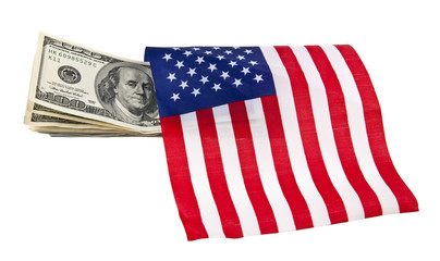 Wall Mural - dollars and US flag isolated on white background