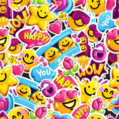 Wall Mural - smiley faces sticker emoji love seamless pattern. Cartoon vector youth fun message background.