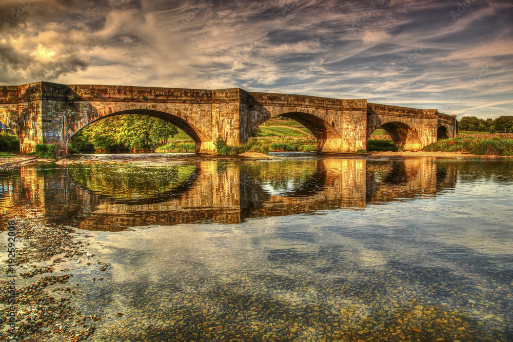 HDR view of grassington bridge and the river wharfe in the Yorkshire dales uk - obrazy, fototapety, plakaty 