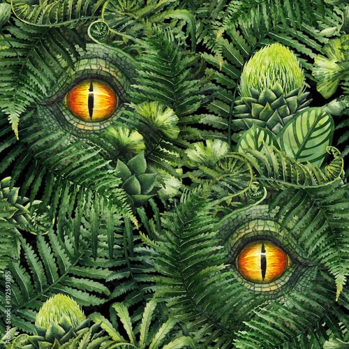 Fototapeta na wymiar Watercolor dinosaur eye and prehistoric plants