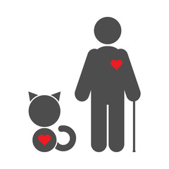 Poster - Silhouettes of old man with walking stick and cat with red heart. Animal assisted therapy concept. Vector icon.