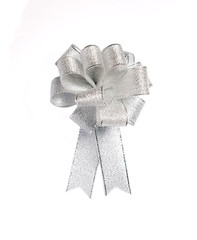 Isolated bow, silver color silk bow isolated on white background, luxury silver color ribbon bow for decorate in christmas or new year time, gift box decoration, wrapping accessories, award decorative