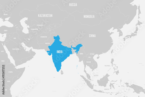 Obraz na płótnie India blue marked in political map of Southern Asia. Vector illustration.