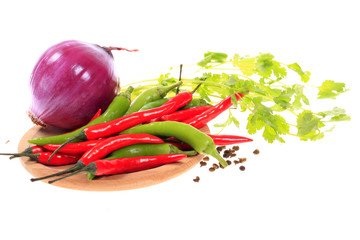 Poster - Red pepper, green chilli, peppercorns, coriander and onion, food background