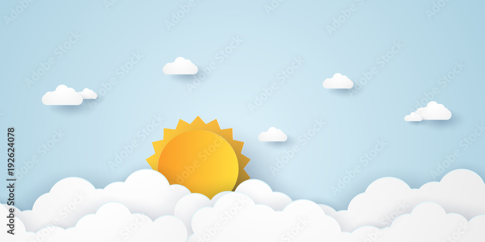 Cloudscape , blue sky with clouds and sun , paper art style Stock ...