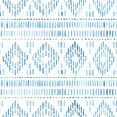 Wall Mural - Seamless watercolor pattern. Blue geometric elements on a white background. Handmade. Ethnic geometric ornament, tribal style, aztec wallpaper, bohemian native print. Uneven edges.