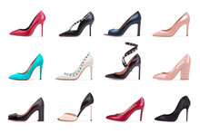 Collection Of Women's High-heeled Shoes. A Collection Of Women's High-heeled Shoes. A Group Of Diverse Female Shoes On A White Background.