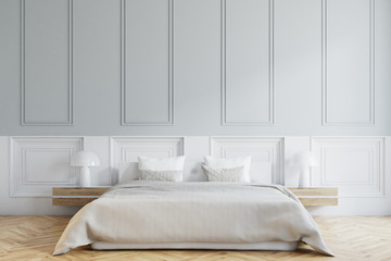 Stylish master bedroom interior, white close up