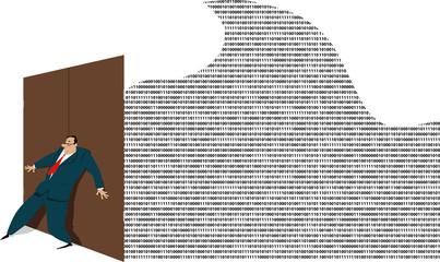 Businessman holding a door shut, attempting contain a massive wave of digital information, EPS 8 vector illustration