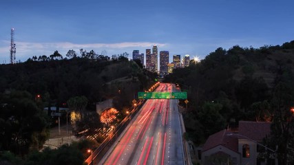 Aufkleber - Freeway perspective downtown Los Angeles skyline 4K UHD timelapse hyperlapse.