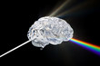 Glass human brain with visible spectrum wave rays, 3D rendering