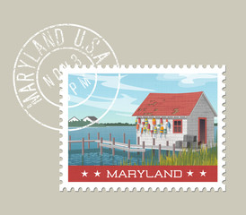 Wall Mural - Maryland postage stamp design. Vector illustration of fishing shack, colorful buoys and pier at waters edge. Grunge postmark on separate layer.