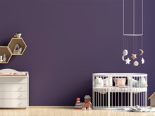 Interior Of The Childroom. Sleeping Place. 3d Illustration. Mock Up Wall