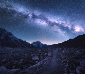 Wall Mural - Space. Milky Way and mountains. Fantastic view with mountains and starry sky at night in Nepal. Trail through mountain valley and sky with stars. Himalayas. Night landscape with bright milky way