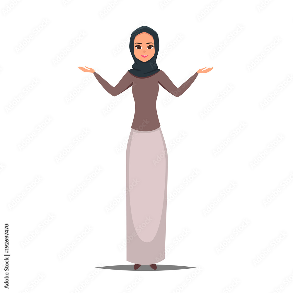 Cartoon business arab woman character with hijab. Smiling girl in hijab ...