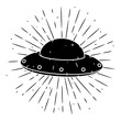 Vector illustration with a UFO and divergent rays on blackboard. Used for poster, banner, web, t-shirt print, bag print, badges, flyer, logo design and more. Cartoon UFO