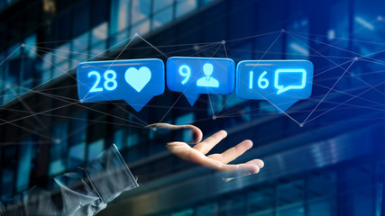 Businessman holding a Like, Follower and message notification on social network - 3d render