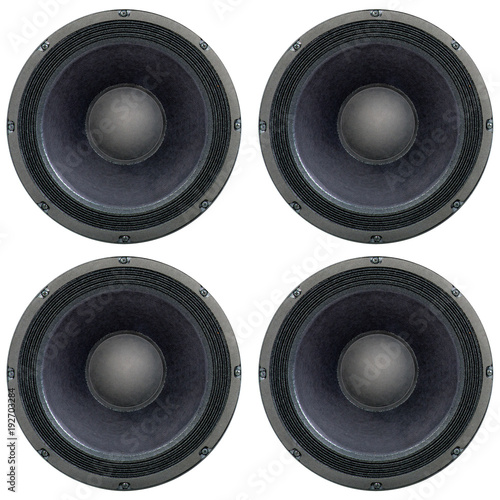 Fotografia 4 quadratisch angeordnete Lautsprecher als texture freigestellt auf weiß