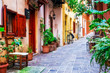 traditioanl colorful narrown streets of Greek town Rethymno, Crete island