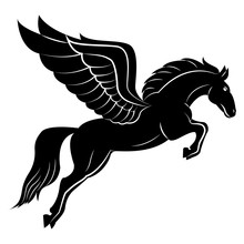 Vector Image Of A Silhouette Of A Mythical Creature Of Pegasus On A White Background. Horse With Wings On Hind Legs.