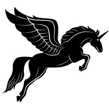 Vector Image Of A Silhouette Of A Mythical Creature Of Pegasus On A White Background. Horse With Wings On Hind Legs.