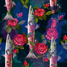 Unique Fashion Seamless Pattern  With Fish Barracuda And Roses  In Neon Style. Vector Illustration