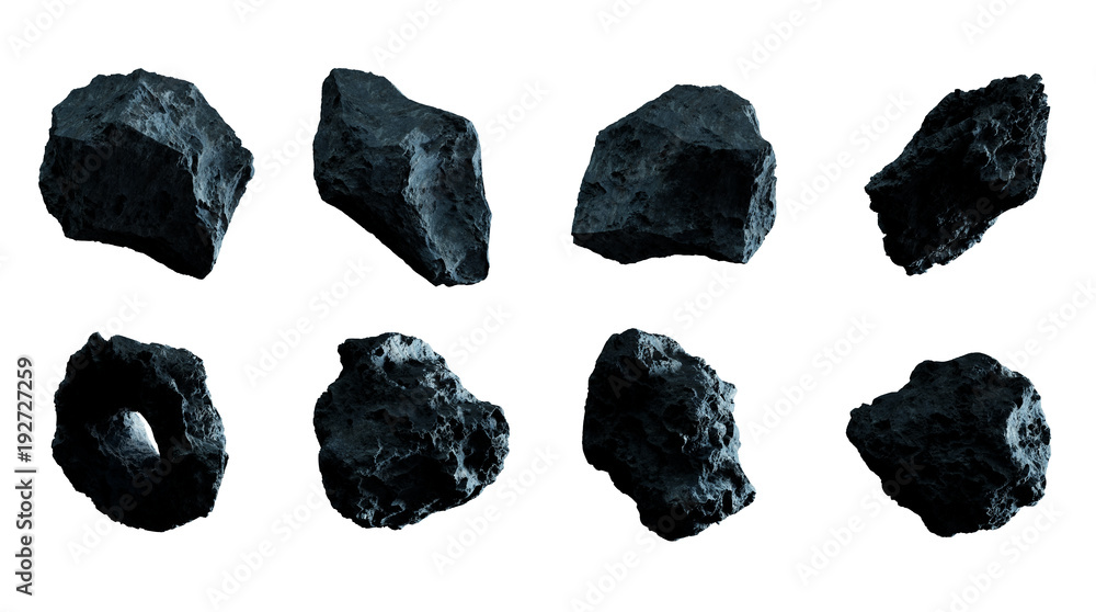 Dark rock asteroid pack 3D rendering - obrazy, fototapety, plakaty 