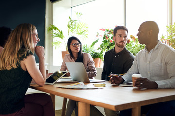 Wall Mural - Diverse business colleagues having a meeting around a boardroom table