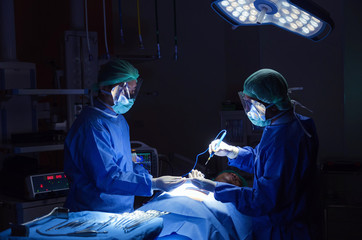 group of Doctor and Assistant surgeons work for rescue patient in operation room at hospital, emergency case, surgery, medical technology, health care cancer and disease treatment concept