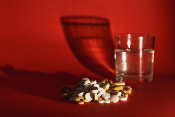 Medication white colorful tablets arranged abstract on dark red color background. Capsule vial glass of water pills design. Health treatment choice healthy lifestyle concept. Copy space advertisement.