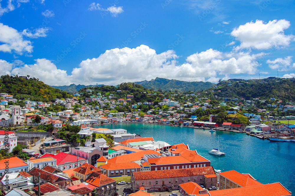 View of Saint George's town, capital of Grenada island, Caribbean region of Lesser Antilles - obrazy, fototapety, plakaty 