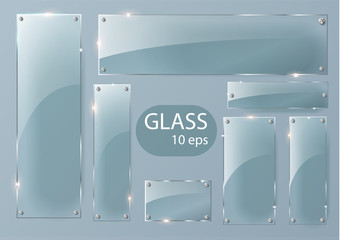 Wall Mural - transparent glass plates set. square shape, rectangle and round circle. see through mock up with mou
