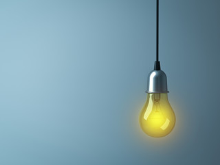 Leinwandbilder - Hanging Light bulb glowing on dark cyan background . 3D rendering.