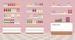 Health and beauty store  with colorful cosmetic products in plastic bottles in shelves. Flat style vector illustration.