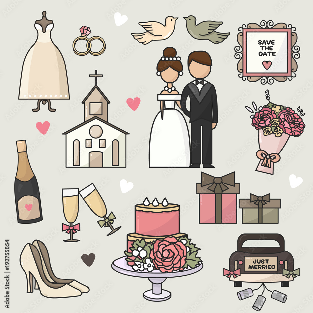 Vector illustration. Set of cartoon doodle wedding icons. Collection of romantic symbols. Wedding, marriage, bride, groom, engagement, holiday, shoes, ceremony, party, car. Background, wallpaper, back