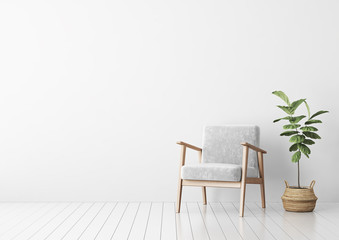 Living room interior with gray velvet sofa, pillows, green plaid, lamp and fiddle leaf tree in wicker basket on white wall background. 3D rendering.