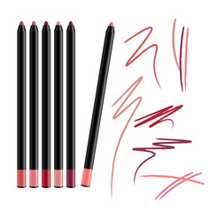 Cosmetic Make-up Eye liner Set Pencils Vector Isolated on White Background. Collection of lipliner pens for contour in glamour luxury vogue style. Color smear samples.