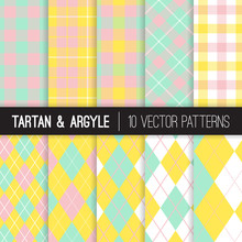 Easter Pastel Color Argyle, Tartan And Gingham Plaid Vector Patterns. Light Shades Of Pink, Yellow And Mint. Golf Fashion Style Fabric Backgrounds. Repeating Pattern Tile Swatches Included.
