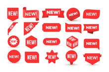Set Of New Sticker. Badges With Word New. Red Promotion Labels For Arrivals Shop Section. Flat Style Cartoon. Vector Illustration. Isolated On White Background