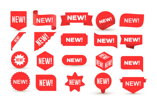 set of new sticker. badges with word new. red promotion labels for arrivals shop section. flat style