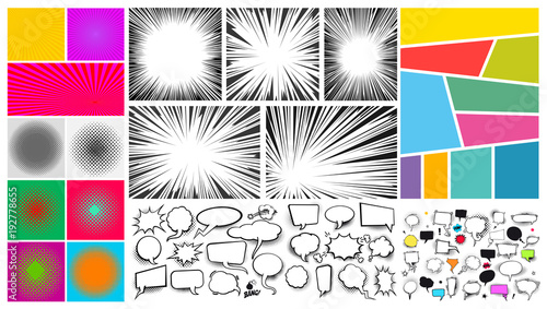 Cuadros en Lienzo Big set of Pop art comic speech bubble sand, radial lines for comic books