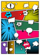 Set of pop art comics book magazine cover template. Cartoon funny vintage strip comic superhero text, speech bubble, balloon, box message, burst bomb, halftone. Blank graphic. Vector illustration