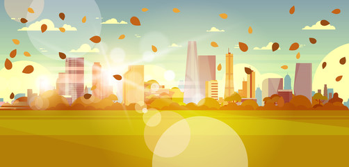 Wall Mural - Autumn Cityscape Skyline With Leaves Flying In Sunlight Over Skyscrapers Buildings Urban Landscape Concept Flat Vector Illustration