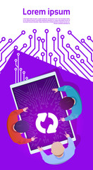 Wall Mural - group of people at digital tablet updating software system programmers team flat vector illustration