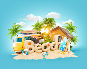 Poster - The word Beach made of sand on tropical island. Unusual 3d illustration of summer vacation. Travel and vacation concept.