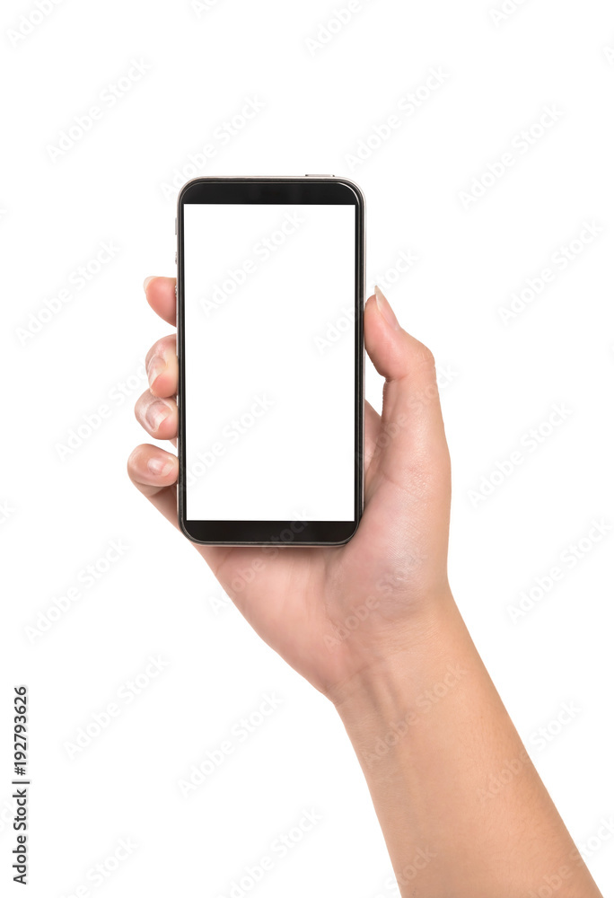 Woman hand holding smartphone isolated on white background. Stock Photo ...